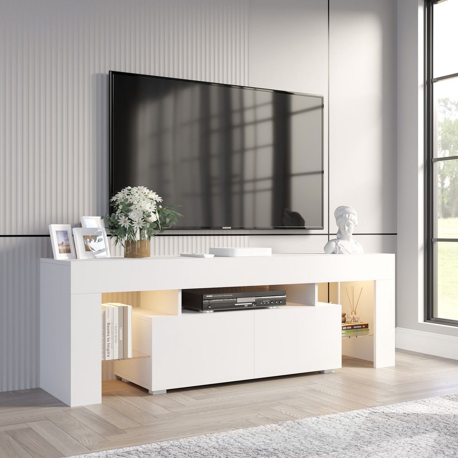 Homall 63'' TV Stand for TVs up to 70'', TV Stand with Remote LED Lights, White Modern Entertainment Center with Soft-Close Drawers & Adjustable Shelves for Living Room, White