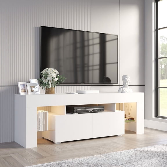 Homall 63'' TV Stand for TVs up to 70'', TV Stand with Remote LED Lights, White Modern Entertainment Center with Soft-Close Drawers & Adjustable Shelves for Living Room, White