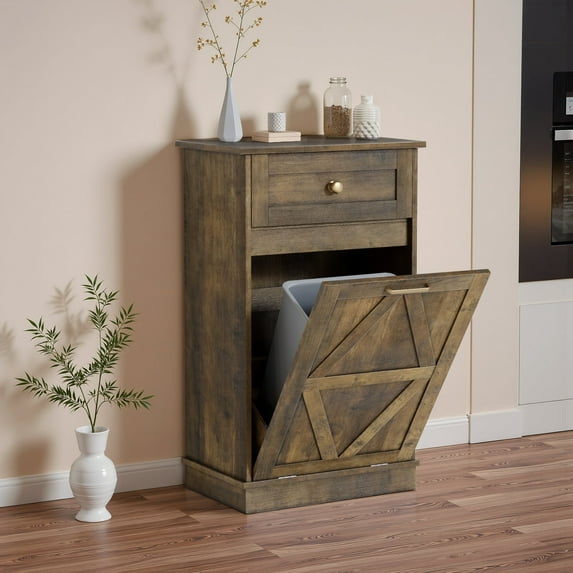 Homall 10 Gallon Tilt Out Wooden Trash Cabinet with Drawer, Garbage Recycling Trash Can for Kitchen Storage Cabinet for Laundry, Brown
