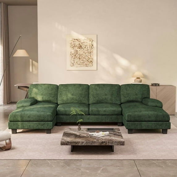 Homall U Shaped Sectional Sofa with Chenille Fabric Sofa Couch with Double Chaise for Apartments,Living Room, Chenille Green
