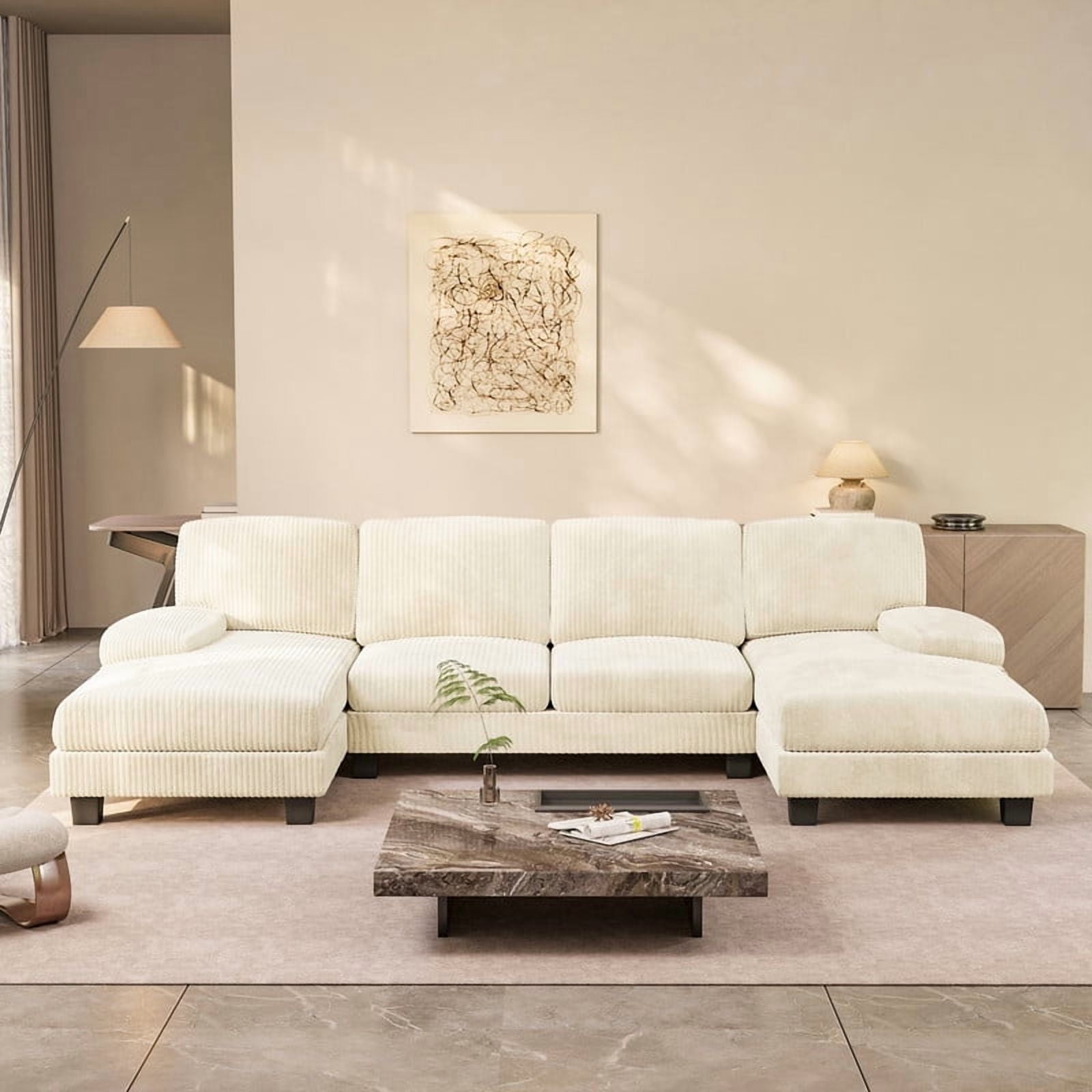 Homall U Shaped Sectional Sofa with Soft Corduroy Sofa Couch with Double Chaise for Apartments,Living Room, Corduroy Beige