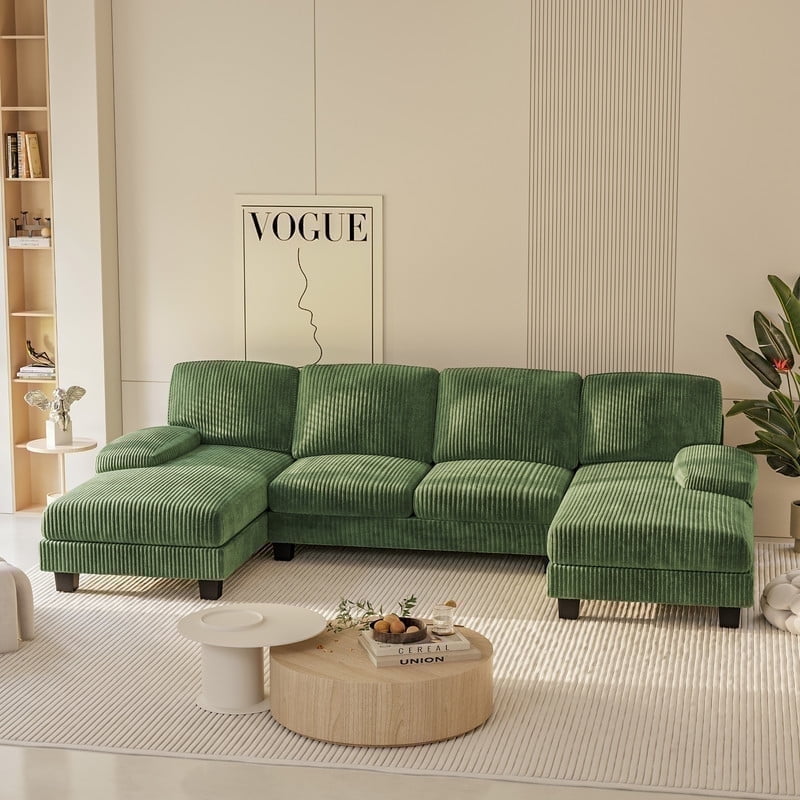 Homall U Shaped Sectional Sofa with Soft Corduroy Sofa Couch with Double Chaise for Apartments,Living Room, Corduroy Green