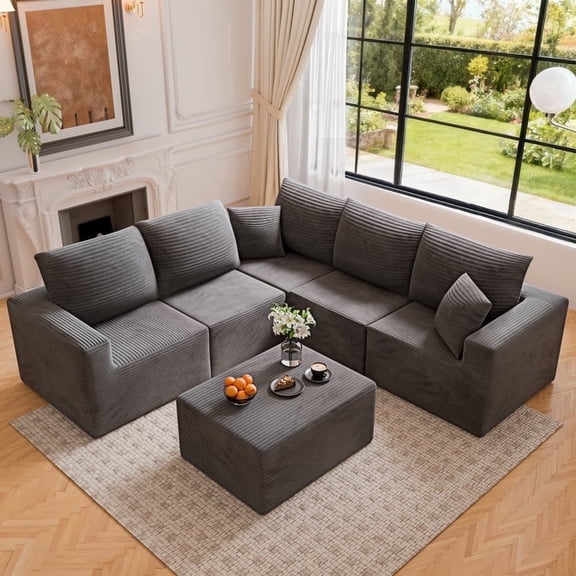 Homall V Shaped Corner Modern Sofa Sectional Cloud Couch with Deep Seat No Assembly Required Corduroy Fabric Couches for Living Room and Apartment,Gray