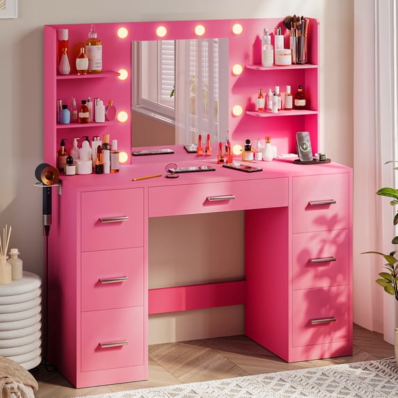 Homall Vanity Desk with Mirror, LED Lights & Power Outlet, Makeup Vanity Table with 7 Drawers & Shelves for Girls and Women, Dark Pink