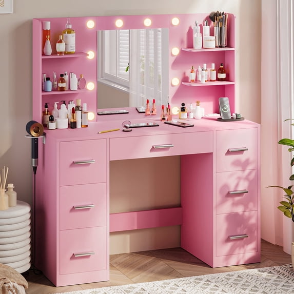 Homall Vanity Desk with Mirror, LED Lights & Power Outlet, Makeup Vanity Table with 7 Drawers & Shelves for Girls and Women, Light Pink