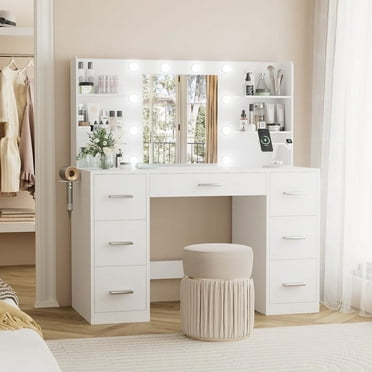 Homall Vanity Table with Mirror, LED Lights and Power Outlet, Makeup Vanity Table with 7 Drawers for Girls and Women, White