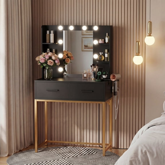 Homall Vanity Desk with Mirror, Power Outlet & LED Lights, Makeup Vanity Table with 2 Drawers & 4 Shelves, Dressing Table for Bedroom Dressing Room, Black