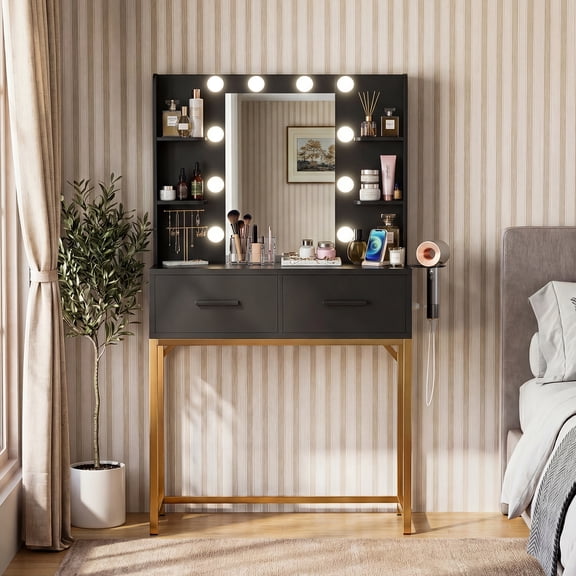 Homall Vanity Desk with Mirror, Power Outlet & LED Lights, Makeup Vanity Table with 2 Drawers & 4 Shelves, Dressing Table for Bedroom Dressing Room, Black