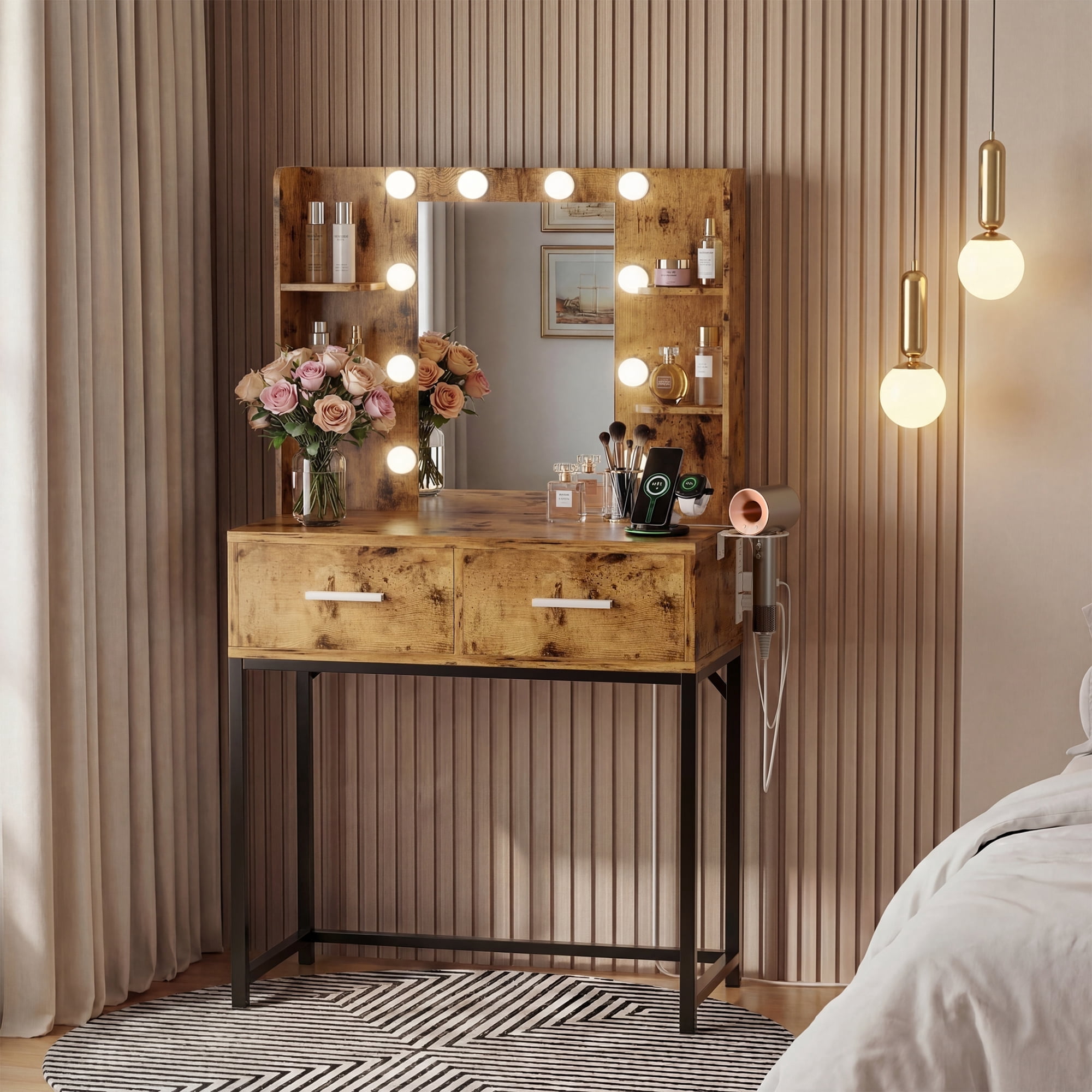 Homall Vanity Desk with Mirror, Power Outlet & LED Lights, Makeup Vanity Table with 2 Drawers & 4 Shelves, Dressing Table for Bedroom Dressing Room, Brown