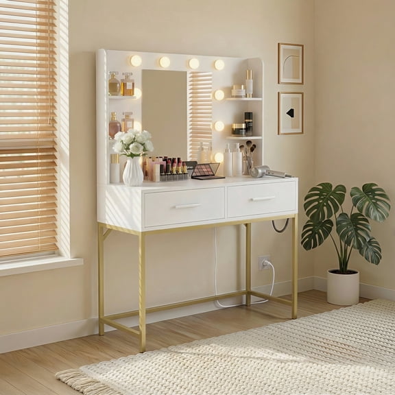 Homall Vanity Desk with Mirror, Power Outlet & LED Lights, Makeup Vanity Table with 2 Drawers & 4 Shelves, Dressing Table for Bedroom Dressing Room, White