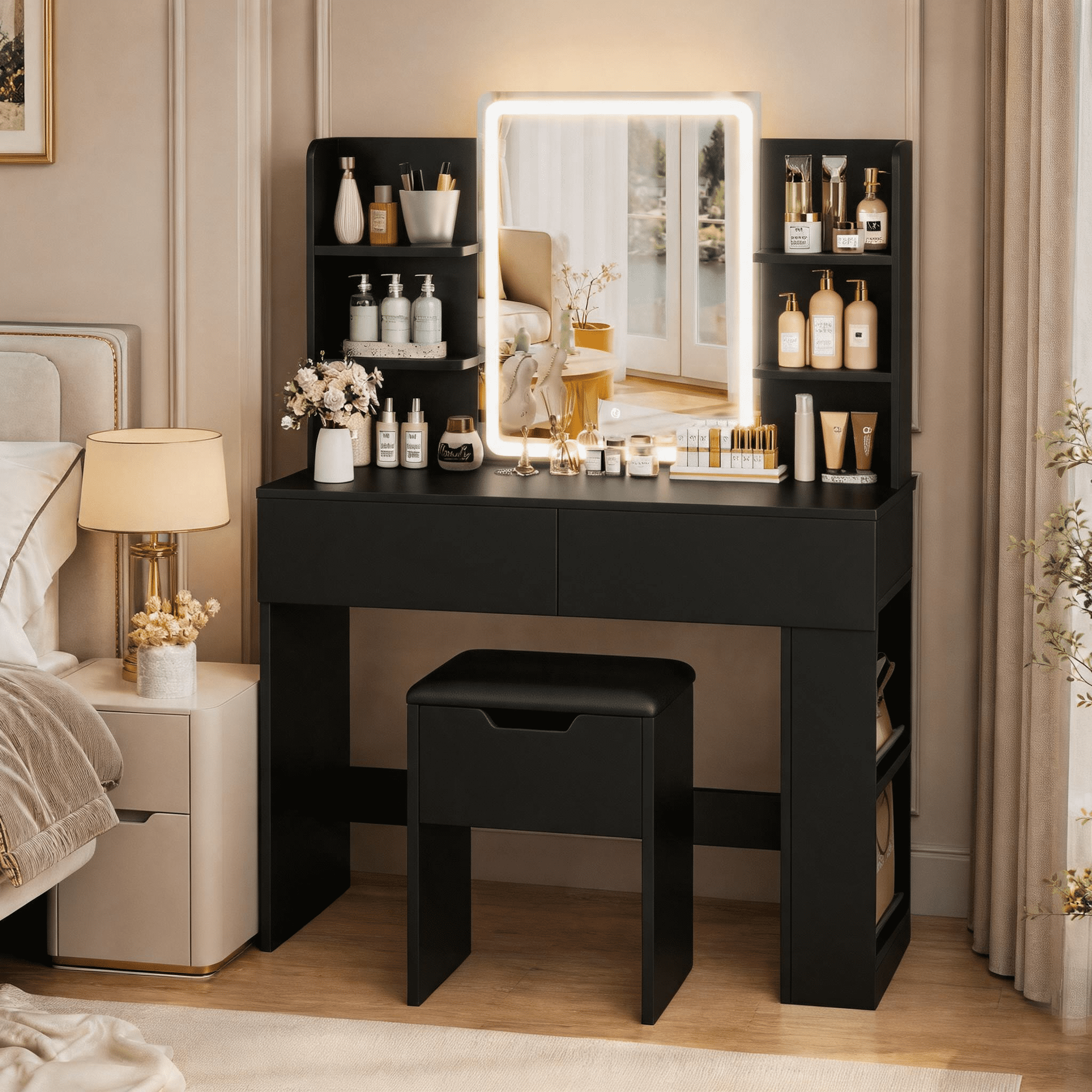 Homall Vanity Desk Set with 3 Colors LED Lighted Mirror, Makeup Vanity with Stool, Storage Shelves and Drawers, Vanity Table Dressing Table for Bedroom, Black