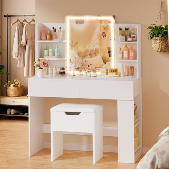 Homall Vanity Desk Set with 3 Colors LED Lighted Mirror, Makeup Vanity with Stool, Storage Shelves and Drawers, Vanity Table Dressing Table for Bedroom, White