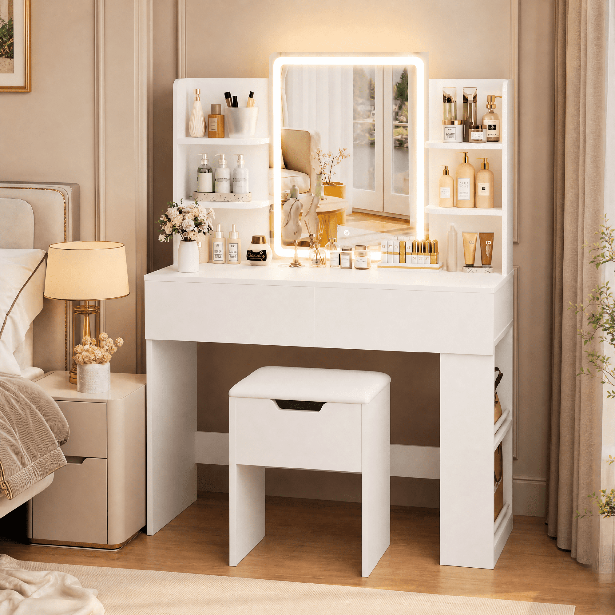 Homall Vanity Desk Set with 3 Colors LED Lighted Mirror, Makeup Vanity with Stool, Storage Shelves and Drawers, Vanity Table Dressing Table for Bedroom, White
