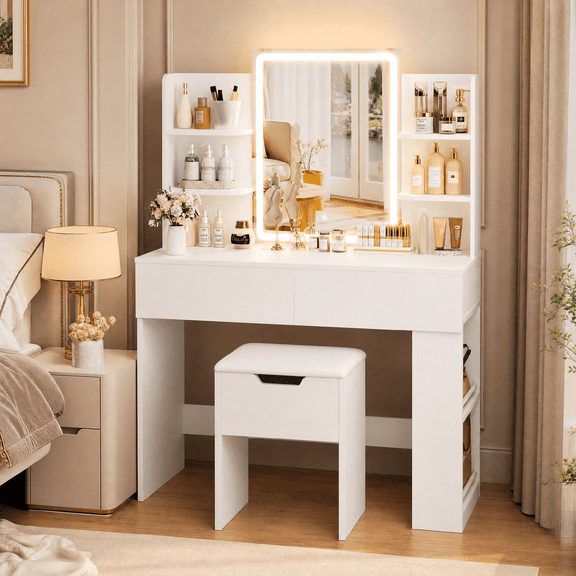 Homall Vanity Desk Set with 3 Colors LED Lighted Mirror, Makeup Vanity with Stool, Storage Shelves and Drawers, Vanity Table Dressing Table for Bedroom, White
