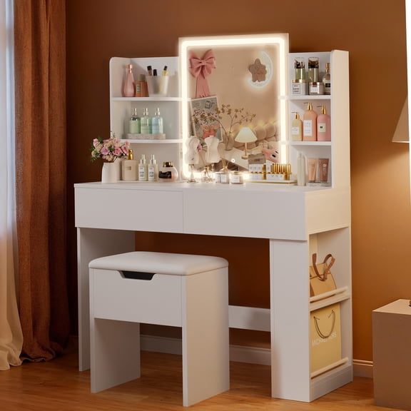 Homall Vanity Desk Set with 3 Colors LED Lighted Mirror, Makeup Vanity with Stool, Storage Shelves and Drawers, Vanity Table Dressing Table for Bedroom, White
