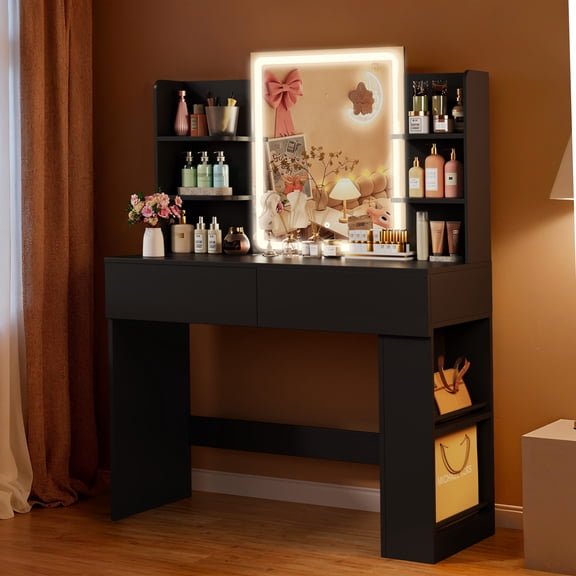 Homall Vanity Desk with 3 Colors LED Lighted Mirror, Makeup Vanity with Storage Shelves and Drawers, Vanity Table Dressing Table for Bedroom, Black
