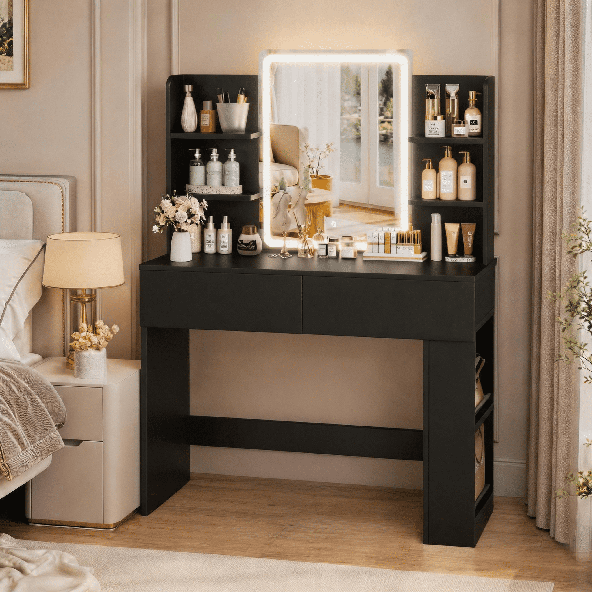 Homall Vanity Desk with 3 Colors LED Lighted Mirror, Makeup Vanity with Storage Shelves and Drawers, Vanity Table Dressing Table for Bedroom, Black