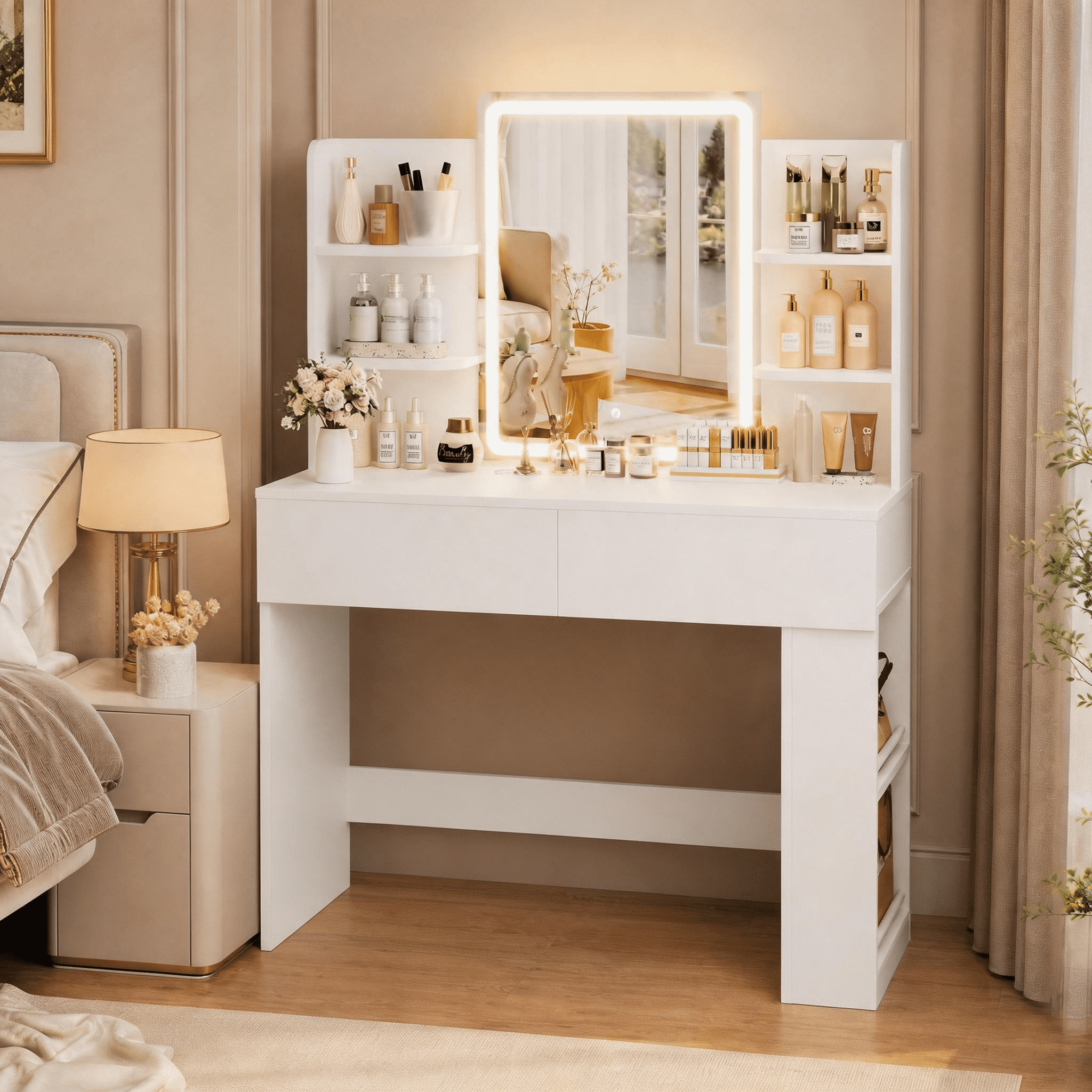 Homall Vanity Desk with 3 Colors LED Lighted Mirror, Makeup Vanity with Storage Shelves and Drawers, Vanity Table Dressing Table for Bedroom, White
