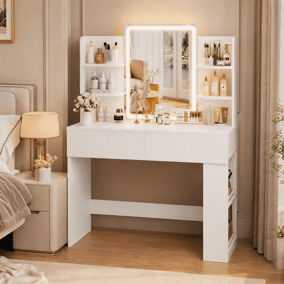 Homall Vanity Desk with 3 Colors LED Lighted Mirror, Makeup Vanity with Storage Shelves and Drawers, Vanity Table Dressing Table for Bedroom, White