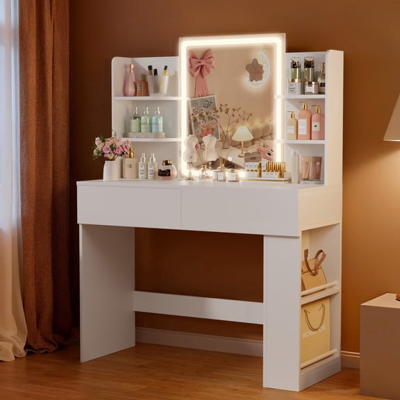 Homall Vanity Desk with 3 Colors LED Lighted Mirror, Makeup Vanity with Storage Shelves and Drawers, Vanity Table Dressing Table for Bedroom, White