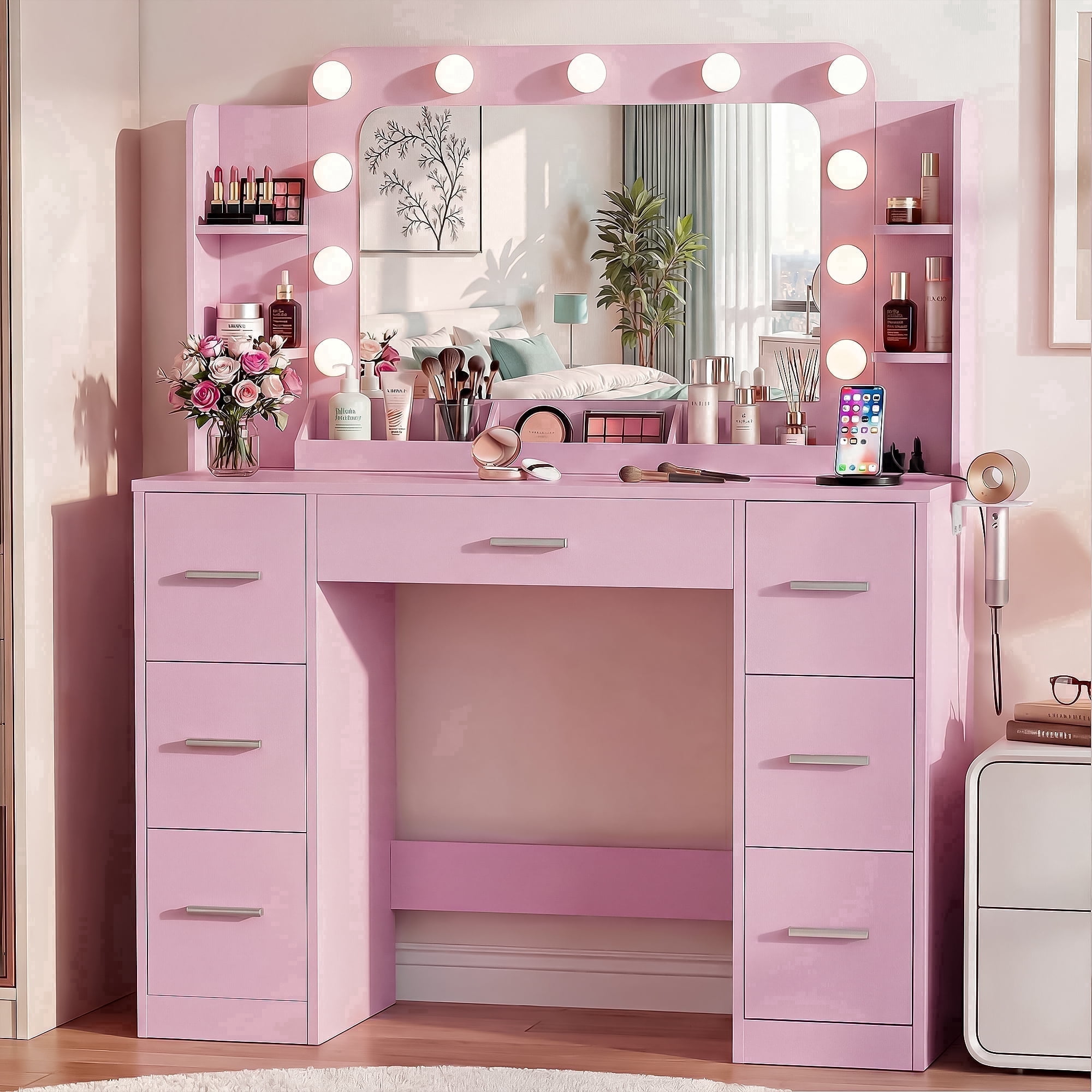 Homall Vanity Desk with Lights & Mirror, Makeup Vanity Set with Power Outlet & Storage Drawers Shelves for Bedroom, Pink