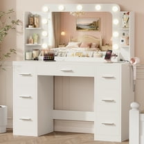 Homall Vanity Desk with Lights & Mirror, Makeup Vanity Set with Power Outlet & Storage Drawers Shelves for Bedroom, White