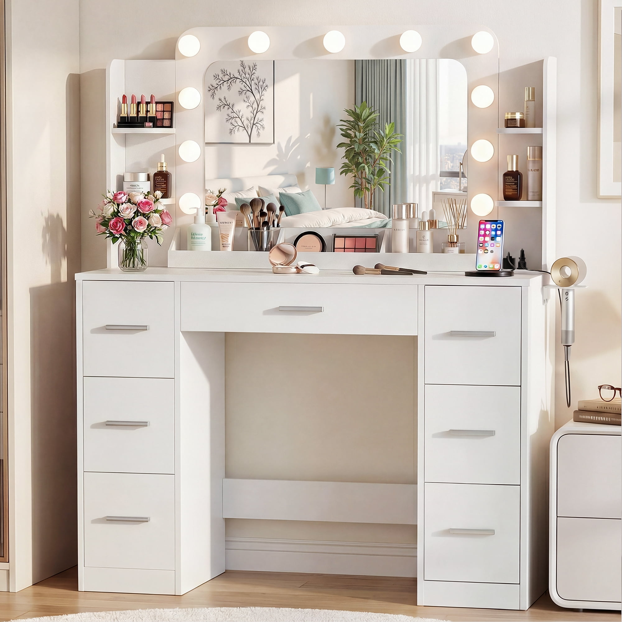 Homall Vanity Desk with Lights & Mirror, Makeup Vanity Set with Power ...