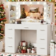 Homall Vanity Desk with Lights & Mirror, Makeup Vanity Set with Power Outlet & Storage Drawers Shelves for Bedroom, White