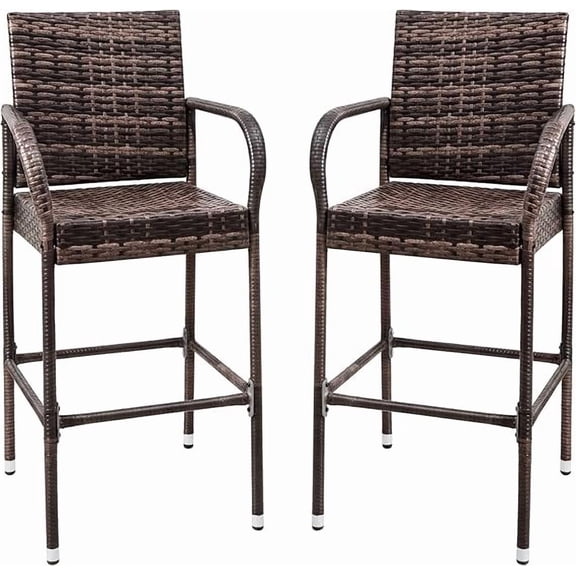 Homall Wicker Bar Stools Set of 2, Outdoor Patio Bar Chairs with Armrest & Footrest, All Weather Rattan Barstool with Steel Frame for Backyard Pool Lawn, Brown