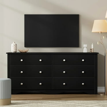 Homall Wood Dresser 6 Drawer Double Tier Dresser, Modern Wood Chest of Drawer for Living Room, Bedroom, Black