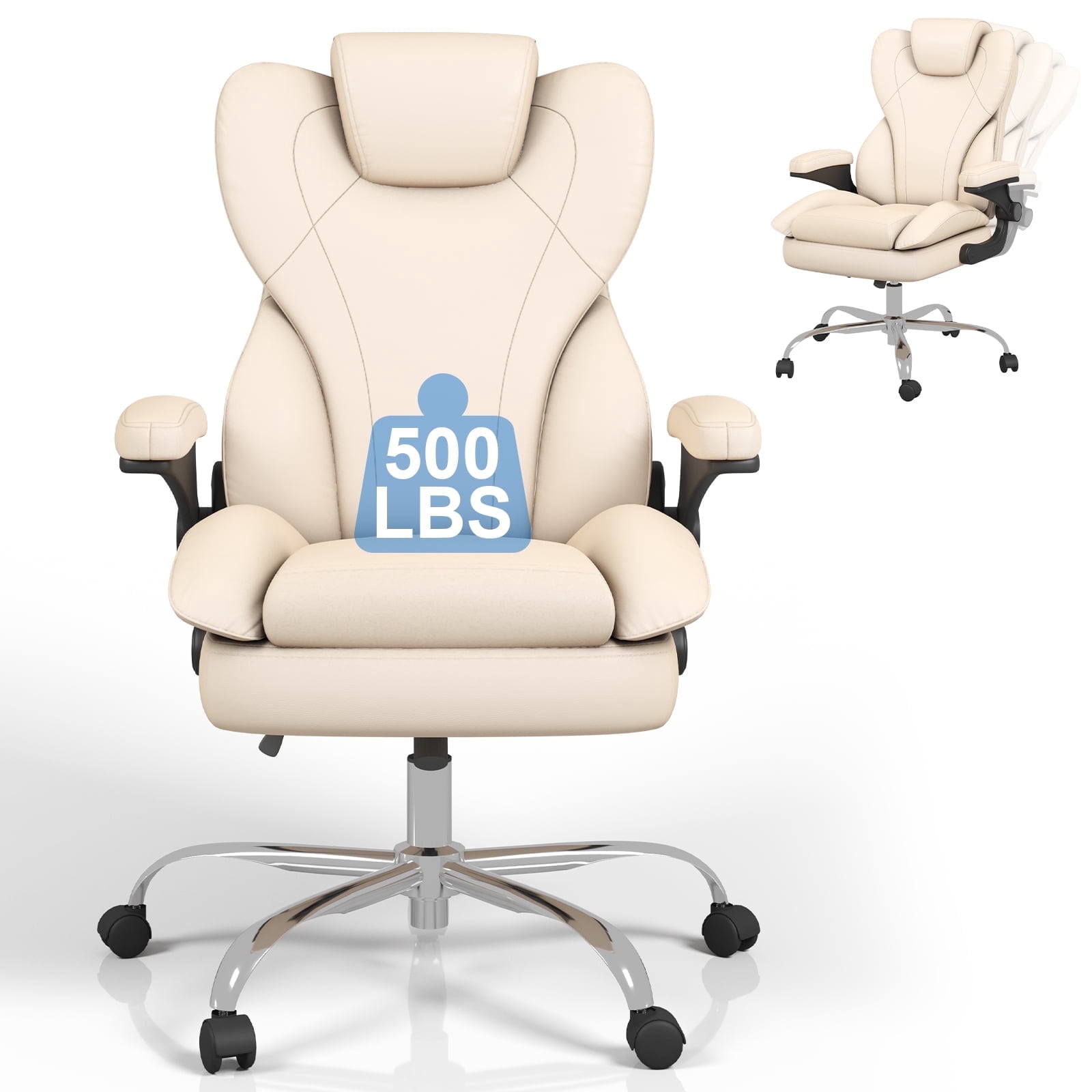 Hovos Big and Tall Office Chair with Flip-up Arms, Ergonomic Home Computer Desk Leather Chair, 360° Swivel Computer Desk Chair, Quiet Nylon Wheels, Beige