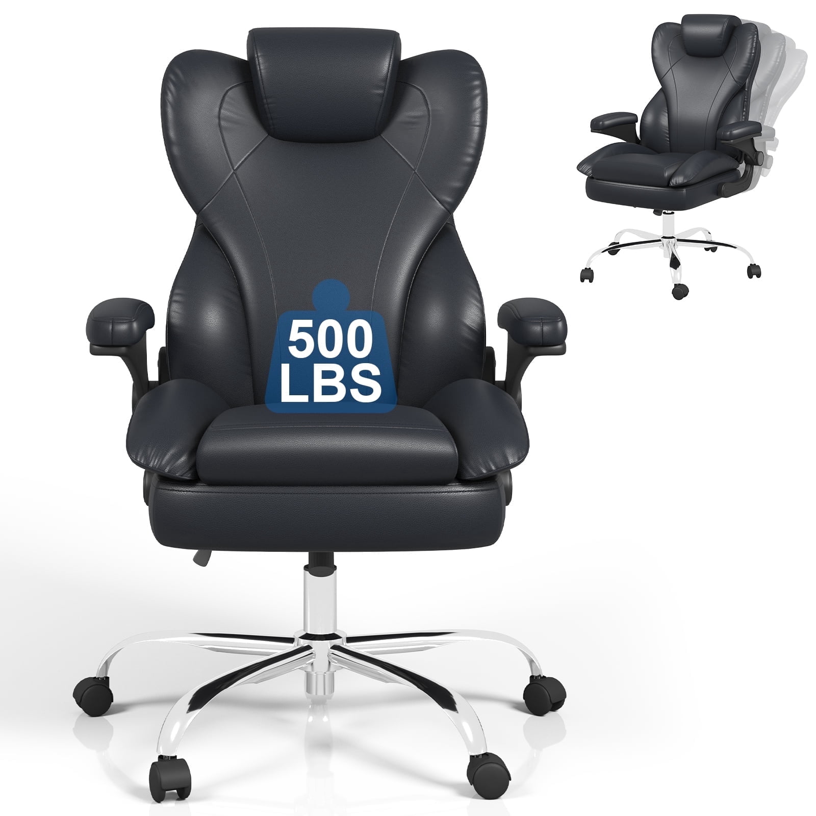 Hovos Big and Tall Office Chair with Flip-up Arms, Ergonomic Home Computer Desk Leather Chair, 360° Swivel Computer Desk Chair, Quiet Nylon Wheels, Black