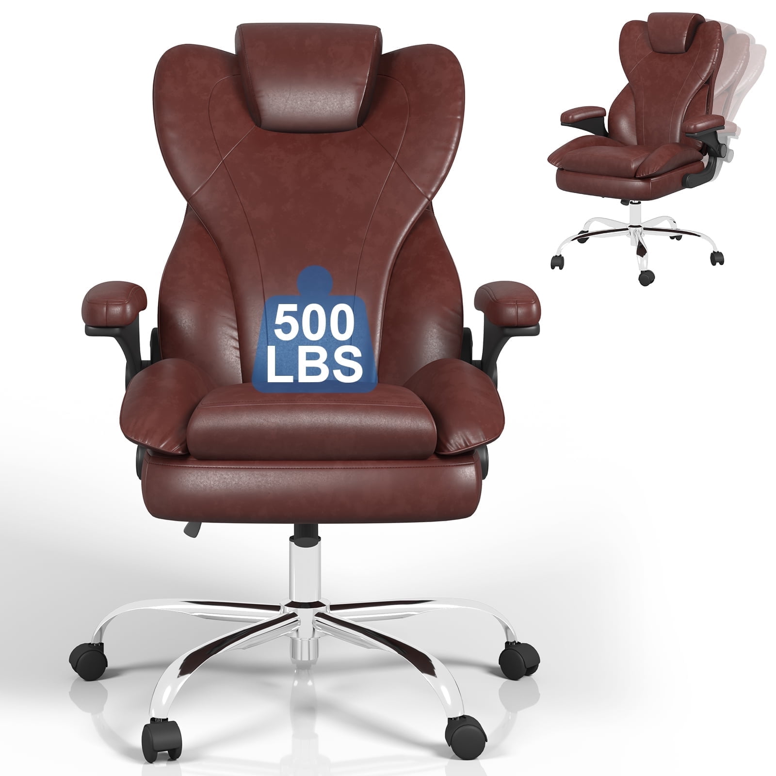 Hovos Big and Tall Office Chair with Flip-up Arms, Ergonomic Home Computer Desk Leather Chair, 360° Swivel Computer Desk Chair, Quiet Nylon Wheels, Brown