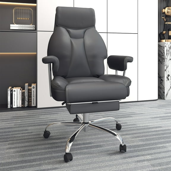 Homann Ergonomic Office Chair with Adjustable Armrests and Footrest, High Back Leather Computer Chair for Heavy Duty 600LBS, Grey