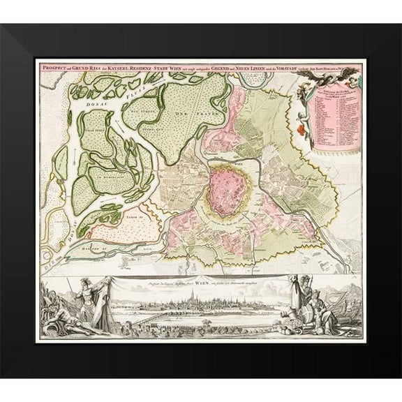 Homann, Johann Baptista 13x12 Black Modern Framed Museum Art Print Titled - Map of Vienna 1702