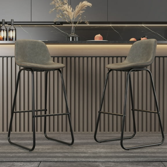 Homann Set of 2 39.4" Bar Stools with Backrest and Footrest, Leather stools for Kitchen, Pub, Gray