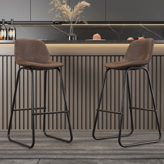 Homann Set of 4 39.4" Bar Stools with Backrest and Footrest, Leather stools for Kitchen, Pub, Brown