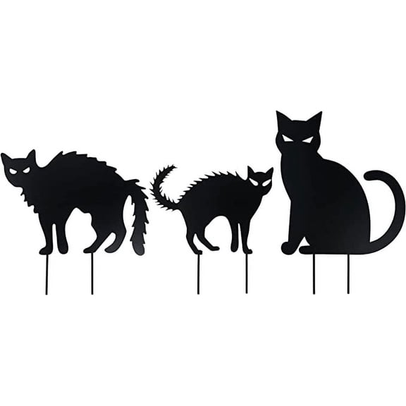 Homarden Halloween Outdoor Decoration - Black Angry Cat Statues Yard Sign, Metal Silhouette Front House Stakes (Set of 3)