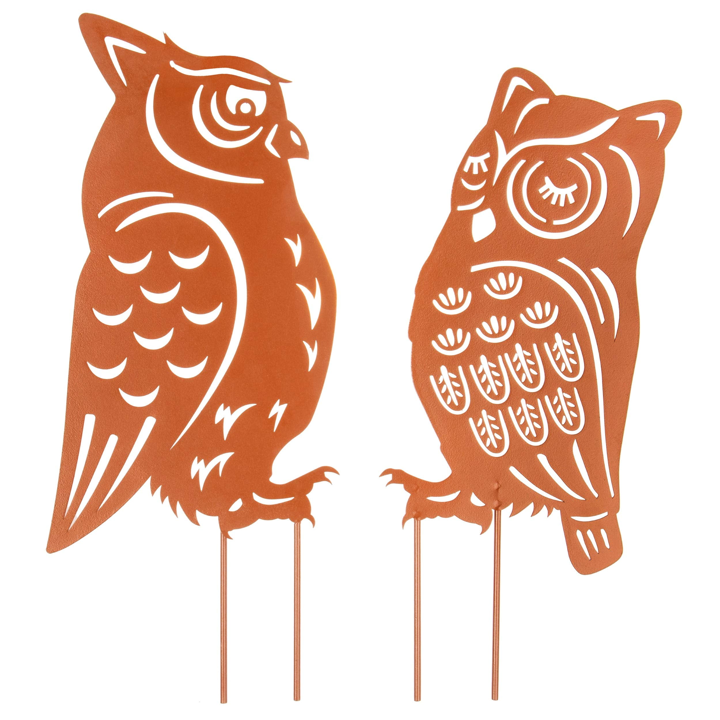 Copper Laser-Cut Metal Owl Garden Stake Sculptures, Set of 2