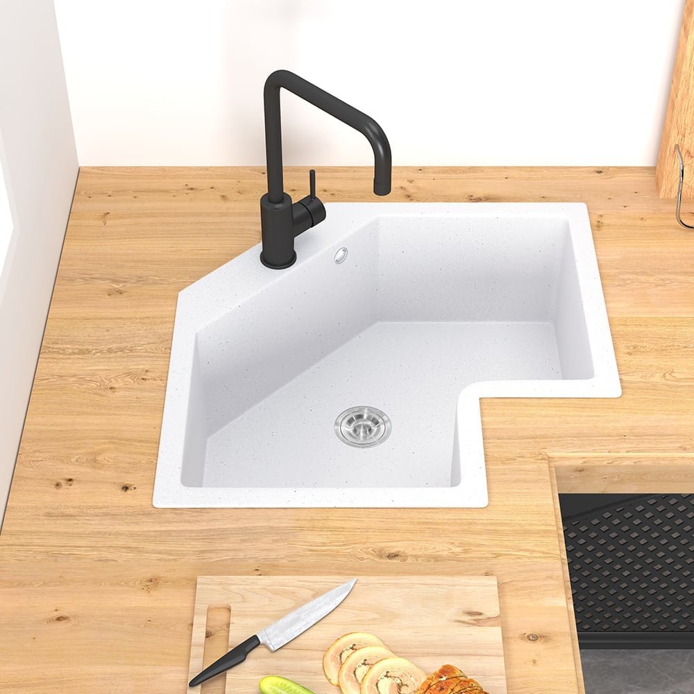 Homary 25" White Drop in Corner Kitchen Sink Modern Single Bowl Quartz Irregular Sink