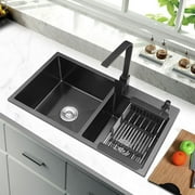 Homary 32" Black Stainless Steel Kitchen Sink Double Bowls Drop-in Sink with Drain and Overflow
