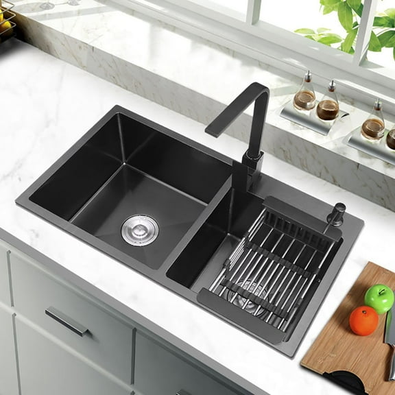 Homary 32" Black Stainless Steel Kitchen Sink Double Bowls Drop-in Sink with Drain and Overflow