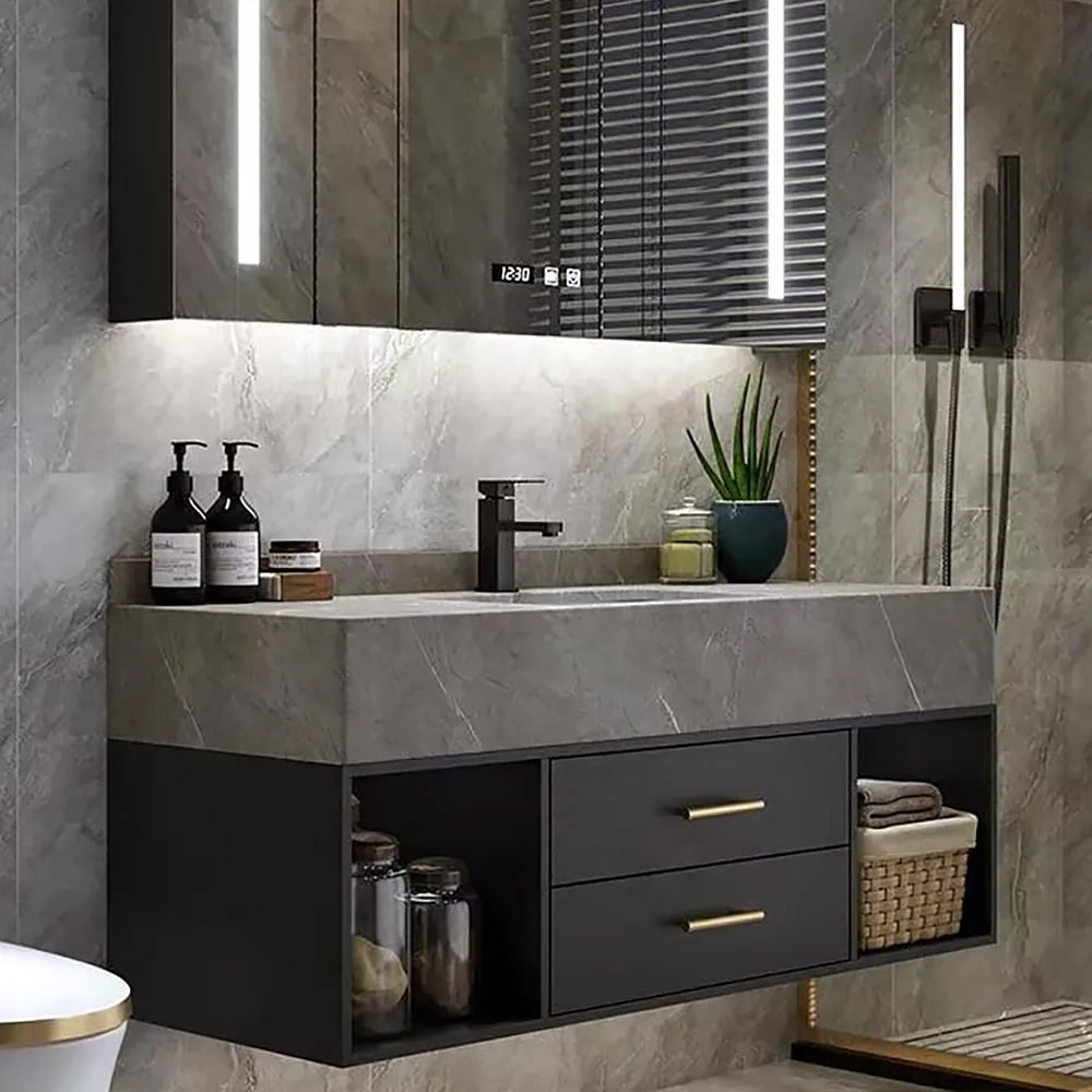 Homary 35" Floating Bathroom Vanity with Sintered Stone Vessel Sink with 2 Drawers Black & Gray