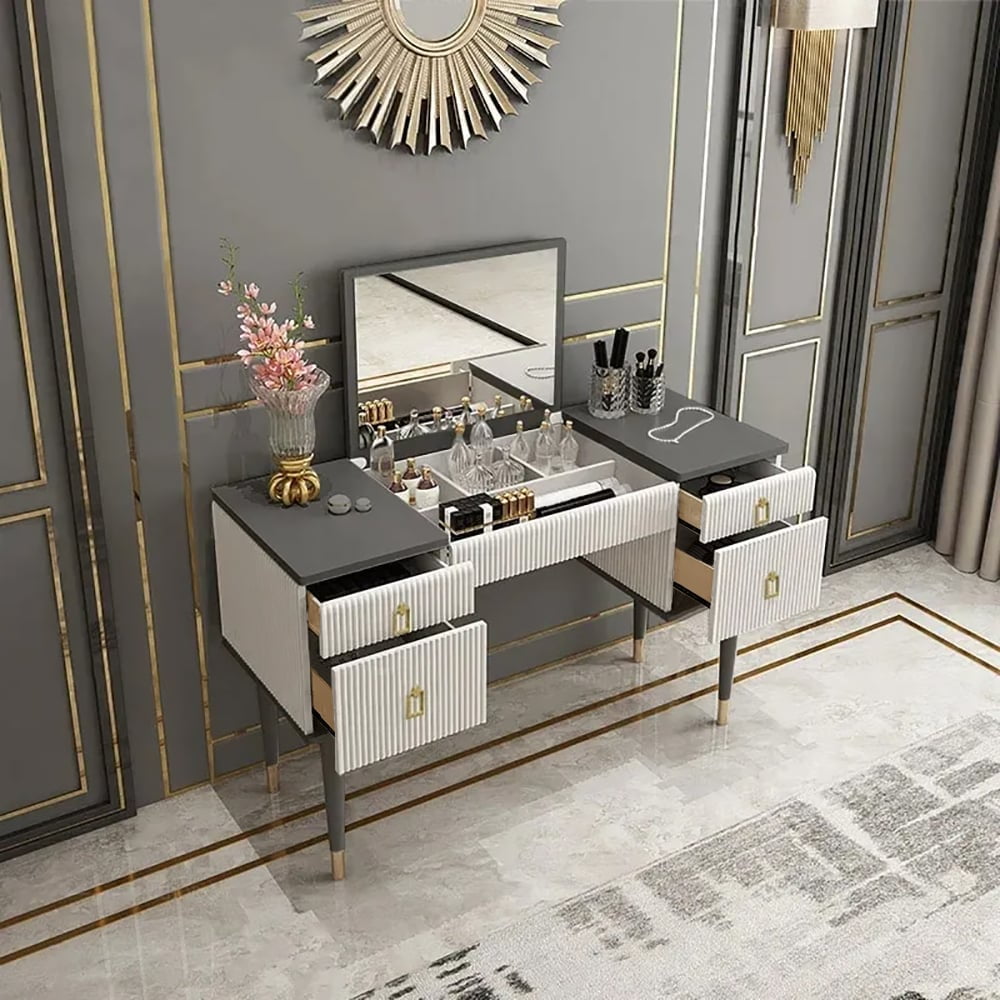 Homary 4Drawer Makeup Vanity Table with Flip Top Mirror White & Gray