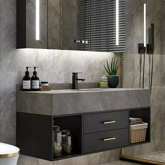 Homary 40" Floating Black & Gray Bathroom Vanity with Sintered Stone Vessel Sink with 2 Drawers