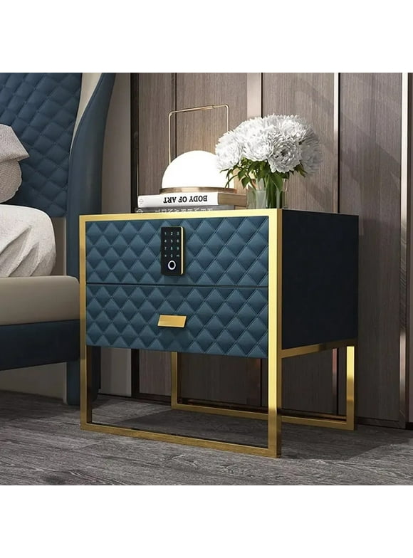 Homary Blue 2 Drawers Bedroom Nightstand with Electronic Lock Stainless Steel Base