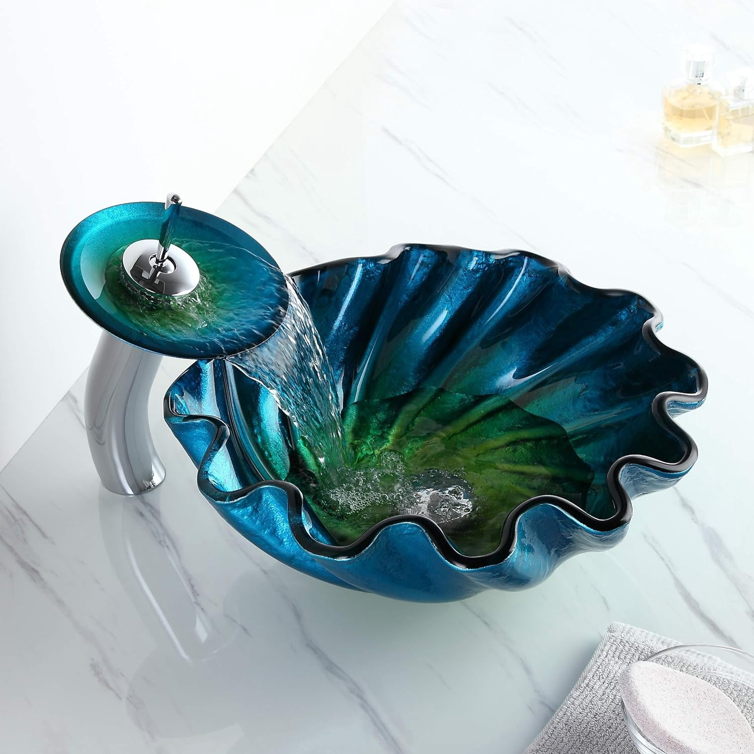 Homary Blue&Green Seashell Wave Tempered Glass Bathroom Vessel Sink with Waterfall Faucet Set