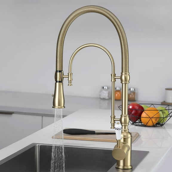 Homary Brushed Gold High Arc Dual-Mode Pull-Down Kitchen Faucet Solid Brass Porcelain Handle