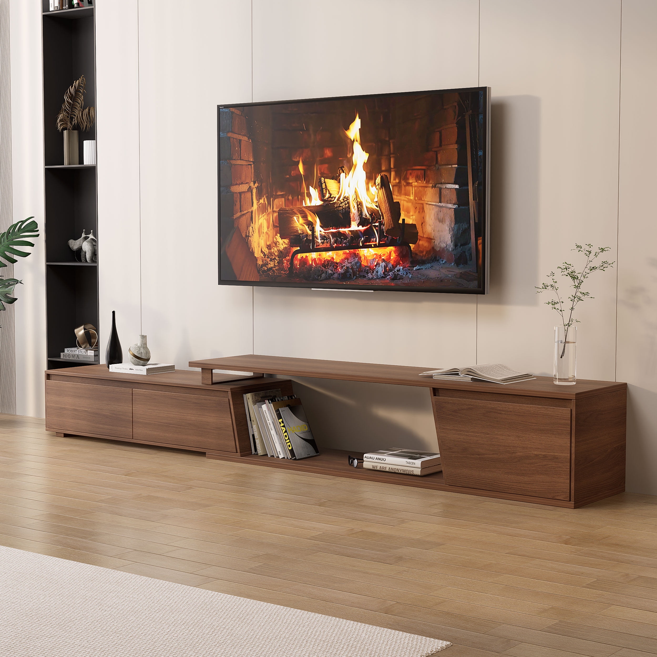 Homary Fero Minimalist Walnut Rectangle Extendable TV Stand with 3