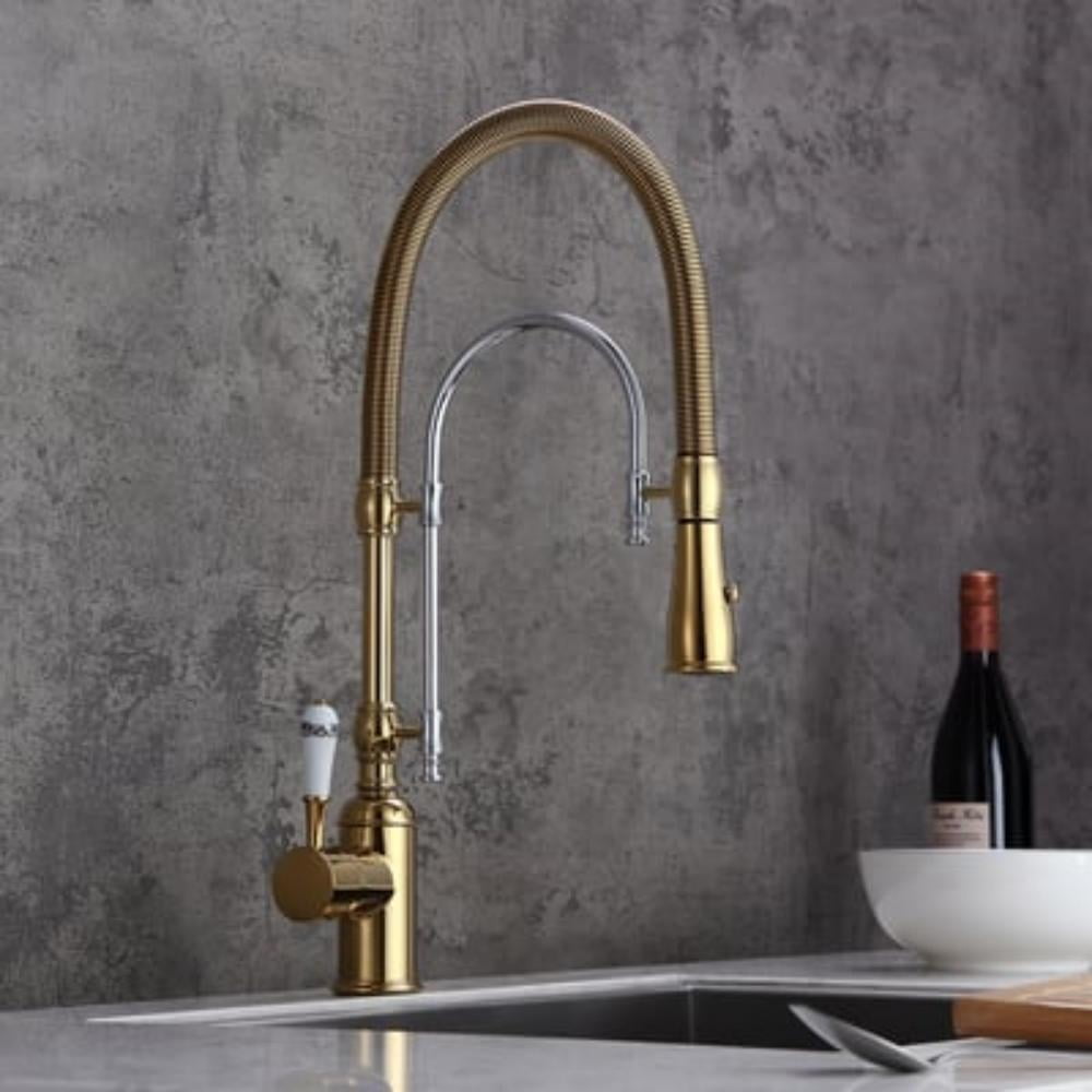 Gold High Arc Dual-Mode Brass Kitchen Faucet with Porcelain Handle